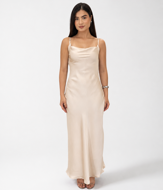 Vestido Longo Feminino com Alça Fina e Decote Drapeado