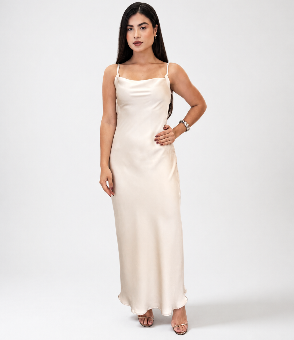 Vestido Longo Feminino com Alça Fina e Decote Drapeado