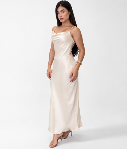 Vestido Longo Feminino com Alça Fina e Decote Drapeado