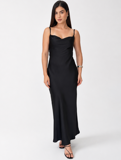 Vestido Longo Feminino com Alça Fina e Decote Drapeado