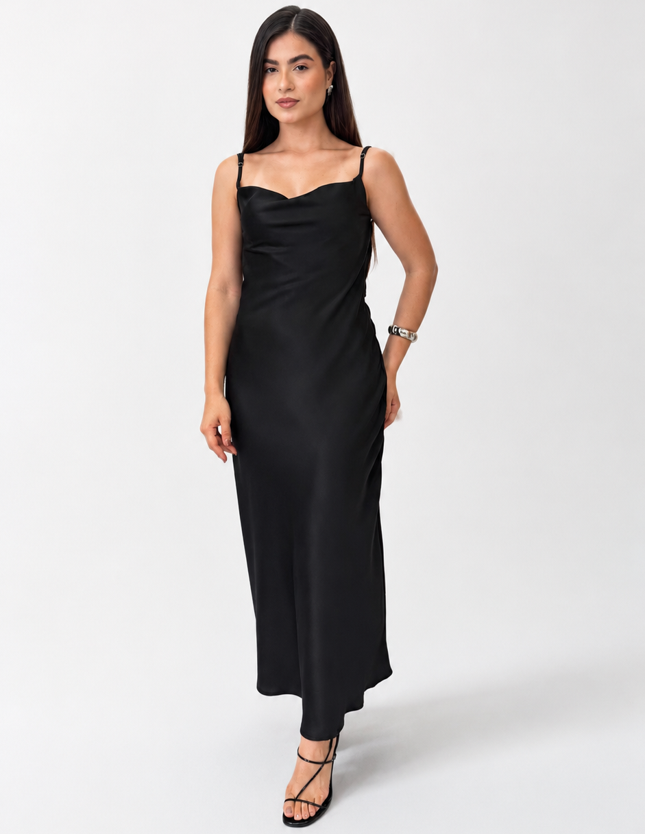 Vestido Longo Feminino com Alça Fina e Decote Drapeado
