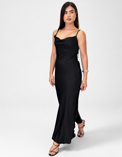 Vestido Longo Feminino com Alça Fina e Decote Drapeado