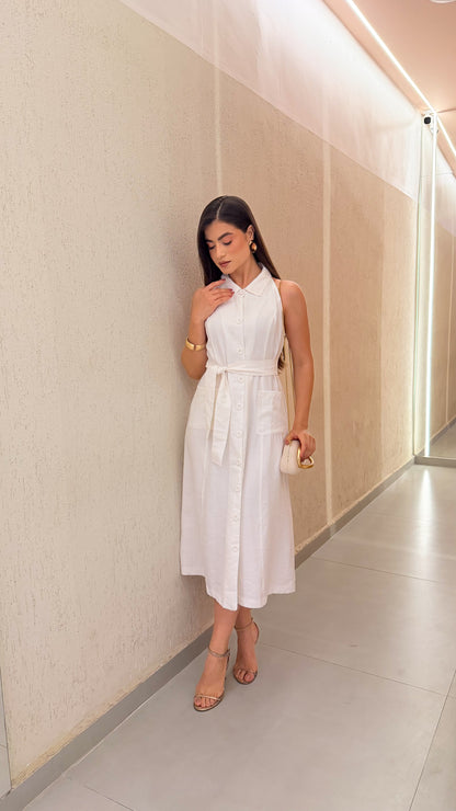 Vestido Midi com Gola e Cinto Faixa