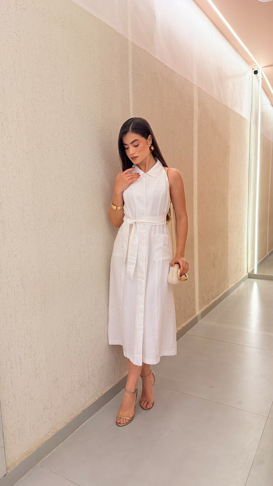 Vestido Midi com Gola e Cinto Faixa