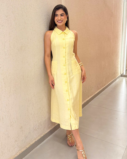 Vestido Midi com Gola e Cinto Faixa