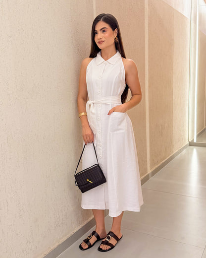 Vestido Midi com Gola e Cinto Faixa