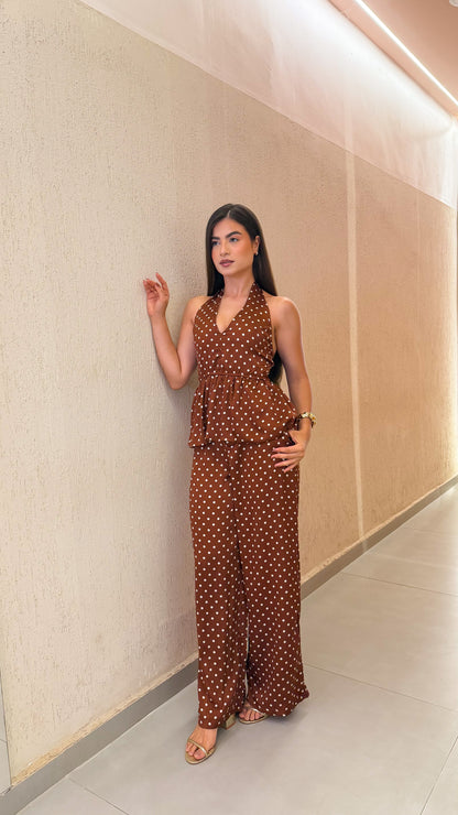 Conjunto Feminino Poá Elegante com Calça e Blusa Maysa