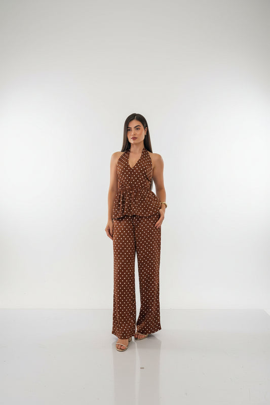 Conjunto Feminino Poá Elegante com Calça e Blusa Maysa