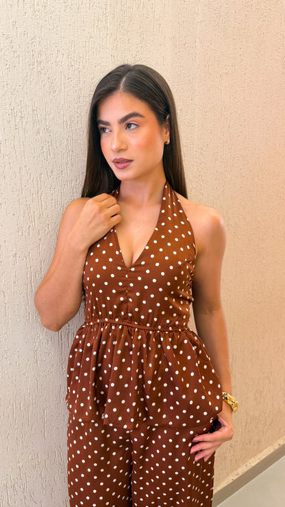 Conjunto Feminino Poá Elegante com Calça e Blusa Maysa
